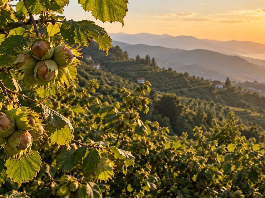 Hazelnut clusters ripening on the branch in a Giresun hillside orchard above the Black Sea at sunset