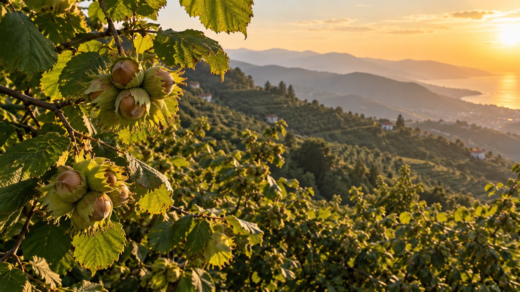 Hazelnut clusters ripening on the branch in a Giresun hillside orchard above the Black Sea at sunset