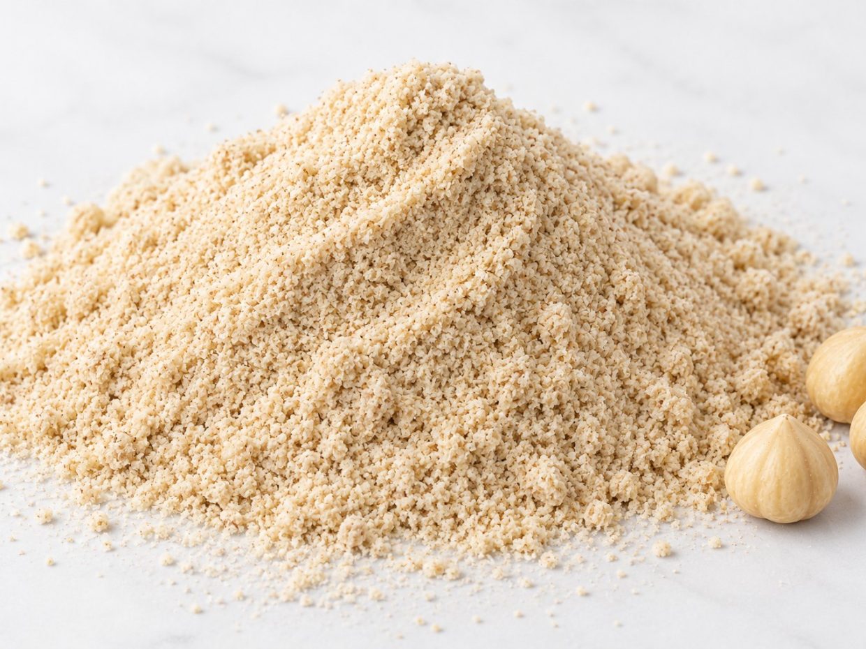 Finely milled hazelnut flour, pale and powdery, beside three whole blanched kernels