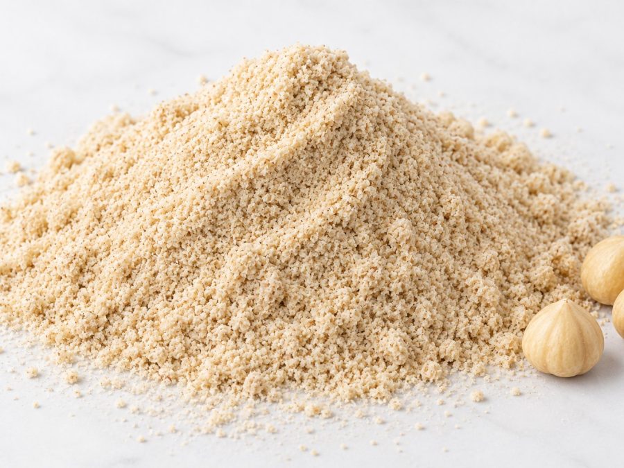 Finely milled hazelnut flour, pale and powdery, beside three whole blanched kernels