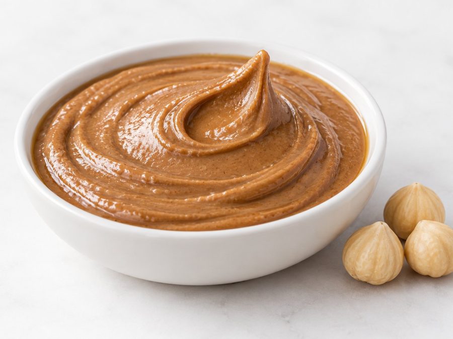 Smooth hazelnut paste in a white bowl, milled from Giresun hazelnut kernels