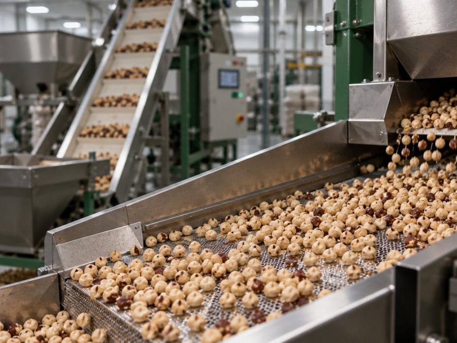 Blanched hazelnut kernels moving along a conveyor through calibration and optical sorting machinery