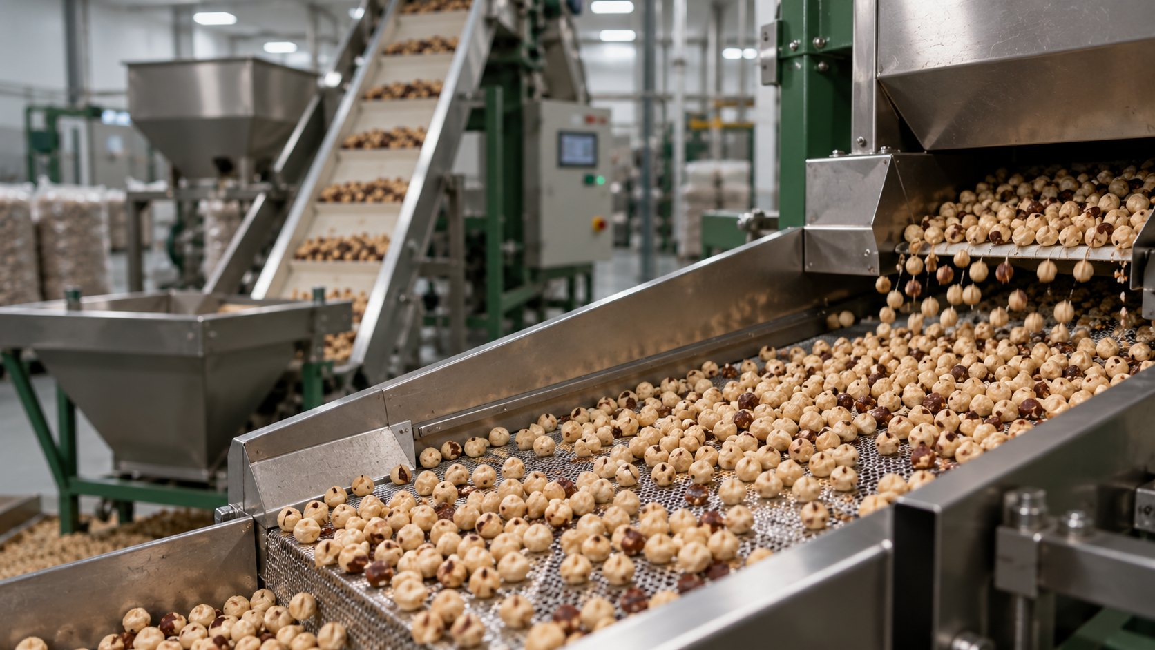 Blanched hazelnut kernels moving along a conveyor through calibration and optical sorting machinery