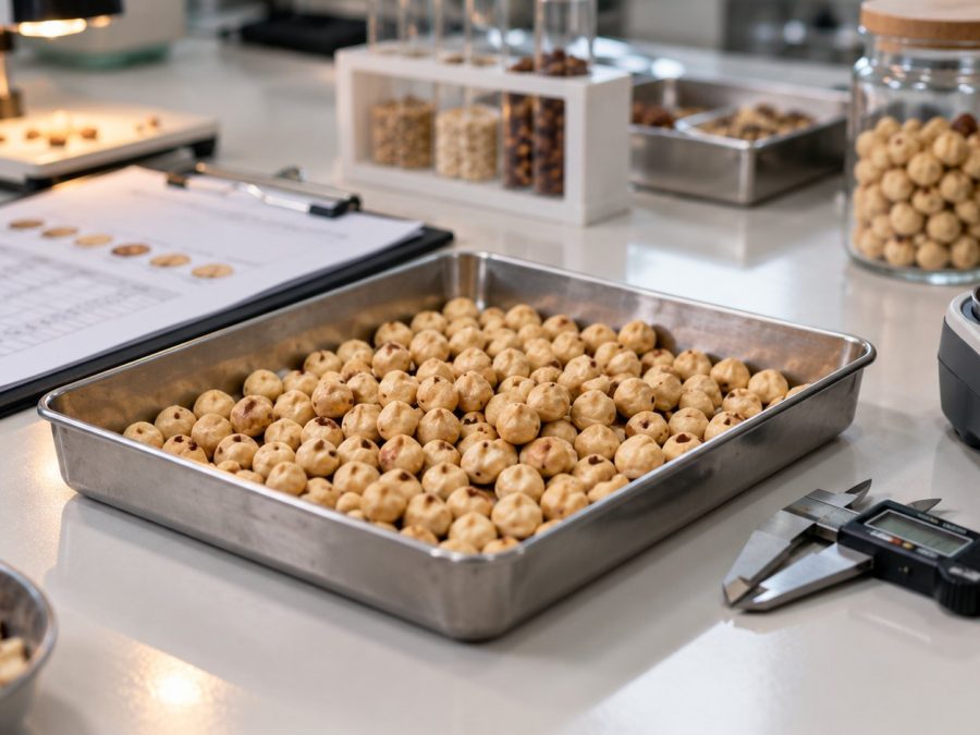 Hazelnut kernels in a steel laboratory tray beside a digital caliper and a moisture meter