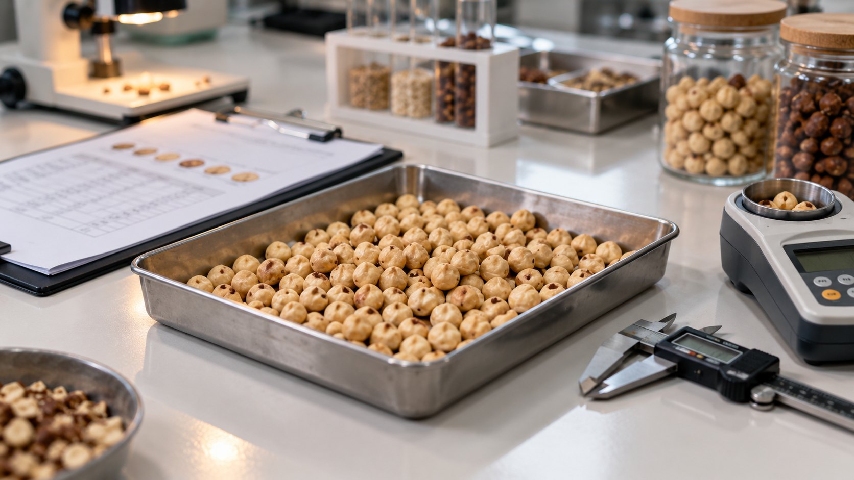 Hazelnut kernels in a steel laboratory tray beside a digital caliper and a moisture meter