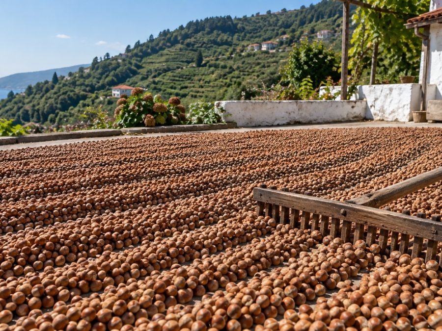 Freshly harvested hazelnuts spread out to dry in the sun on an open terrace above the Black Sea