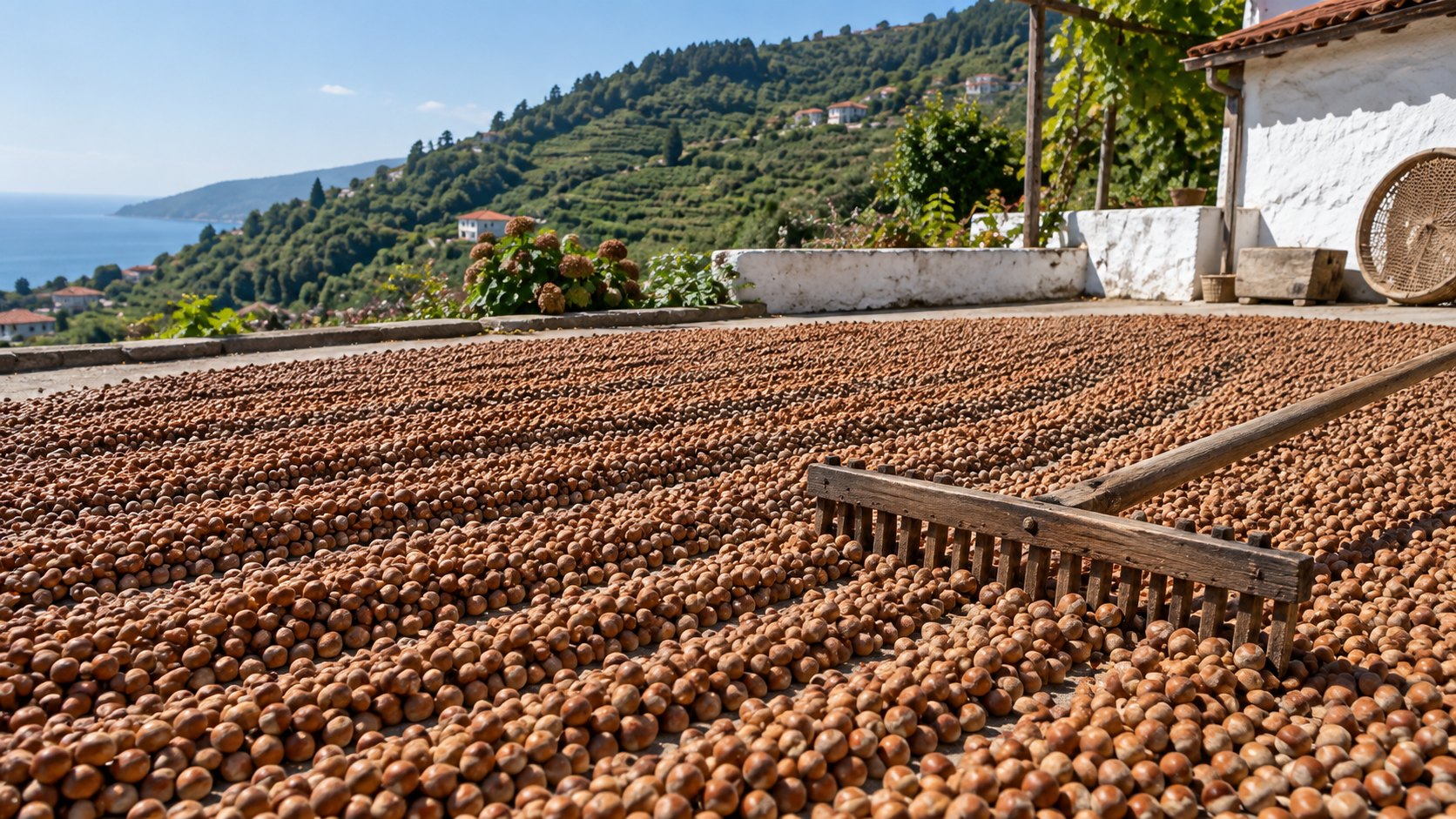 Freshly harvested hazelnuts spread out to dry in the sun on an open terrace above the Black Sea