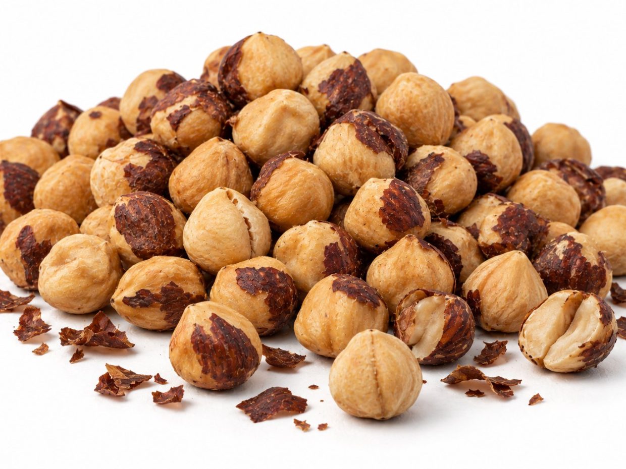 Roasted hazelnut kernels with the skin partly rubbed away after roasting, loose skin flakes beside them